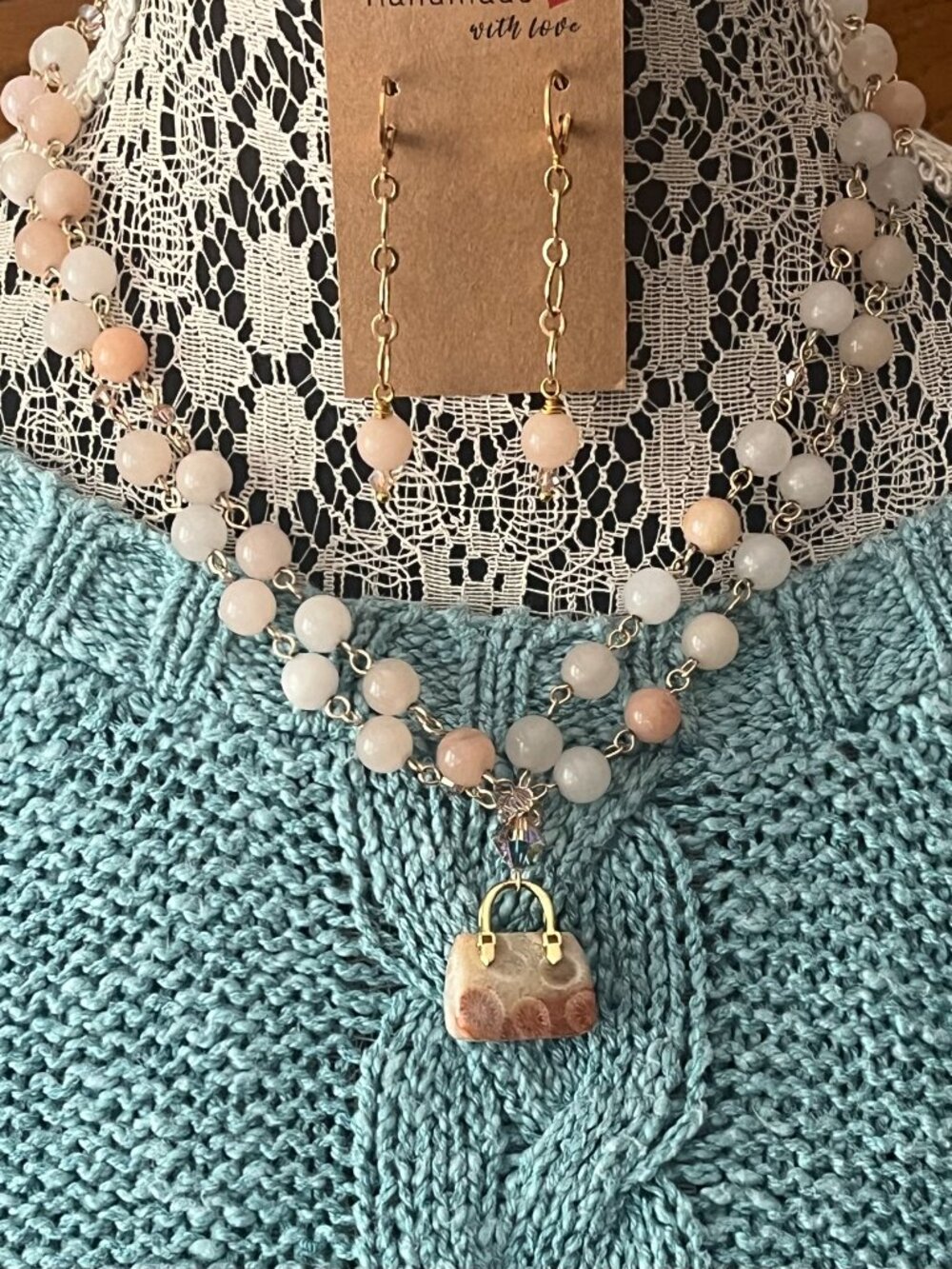 Pretty Peach Aventurine Necklace + Earrings Set | Fossilized Coral Pendant